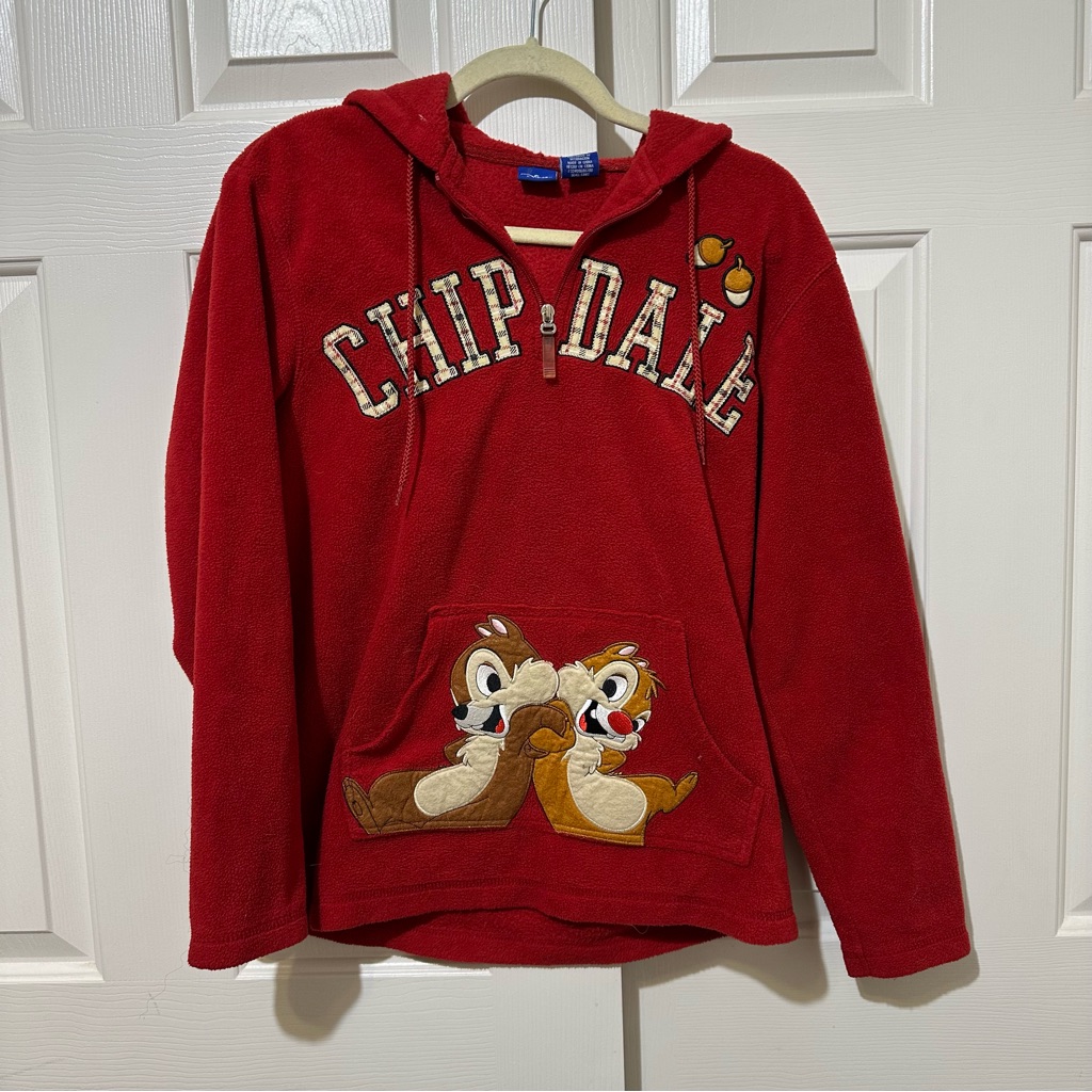 Vtg Disney Chip ‘N Dale Red Fleece Hoodie 1/4 Zip Size S Red Y2k Aplique